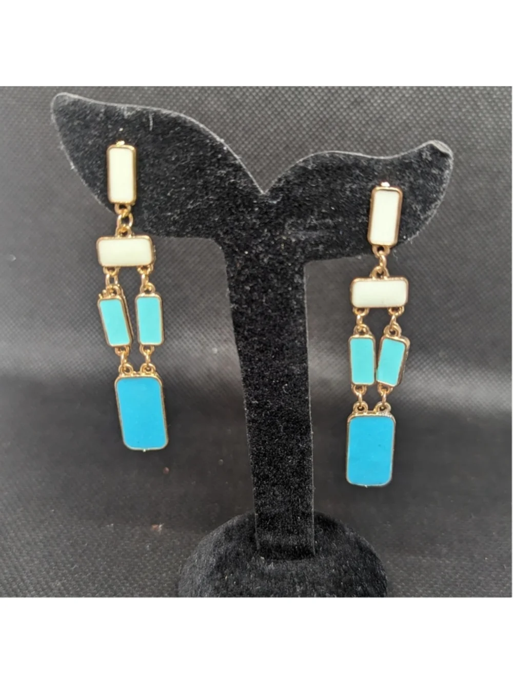 Kate Spade Gold Tone Blue Enamel Rectangle Dangle Drop Statement Earrings